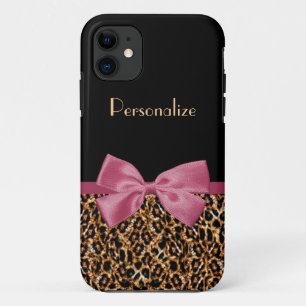 Luxury Gold Fur Leopard Print Mauve Bow With Name Case-Mate iPhone Case