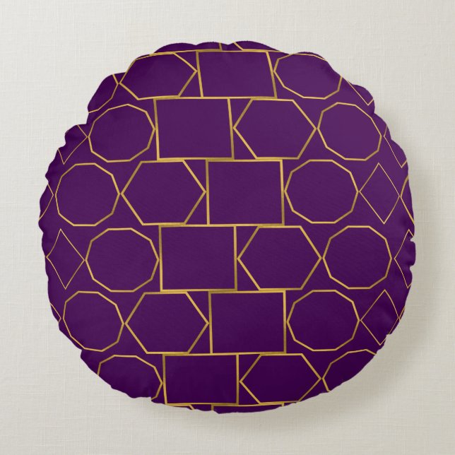 Luxury Gold Geometric on Royal Purple Round Cushion (Front)