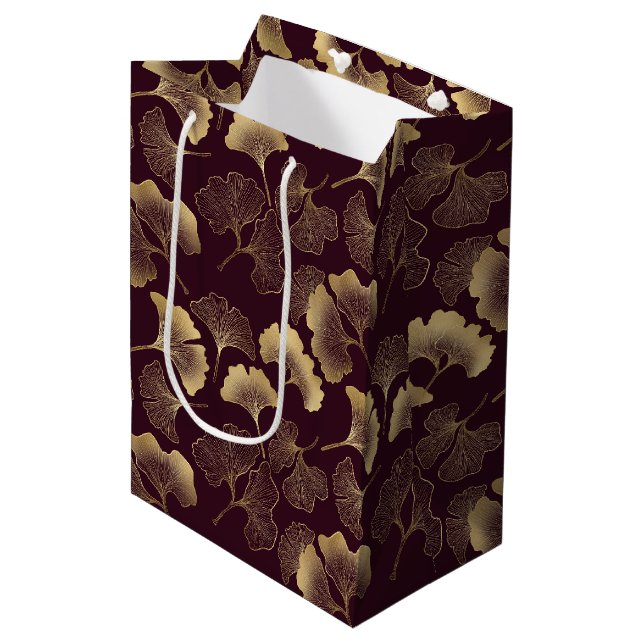 Luxury Gold Ginkgo Burgundy Medium Gift Bag (Front Angled)