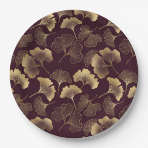 Luxury Gold Ginkgo Burgundy Paper Plate