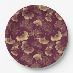 Luxury Gold Ginkgo Burgundy Paper Plate