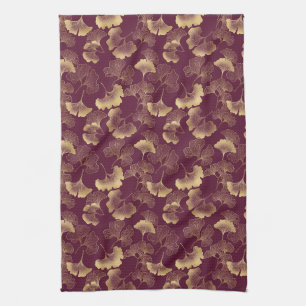 Luxury Gold Ginkgo Burgundy Tea Towel