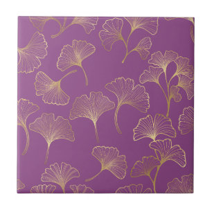 Luxury Gold Ginkgo Leaves on Deep Purple (1) Tile