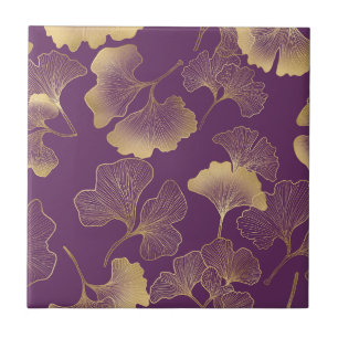 Luxury Gold Ginkgo Leaves on Deep Purple (4) Tile