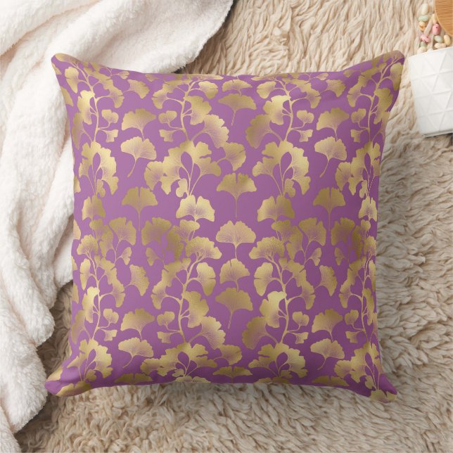 Luxury Gold Ginkgo Leaves on Deep Purple (5) Cushion (Blanket)