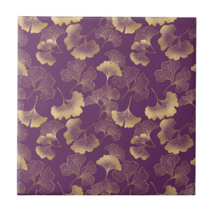 Luxury Gold Ginkgo Leaves on Deep Purple (7) Tile
