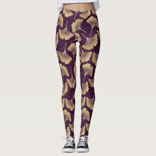 Luxury Gold Ginkgo Leaves on Deep Purple (8) Leggings