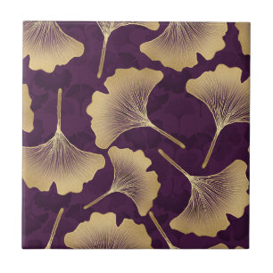 Luxury Gold Ginkgo Leaves on Deep Purple (8) Tile