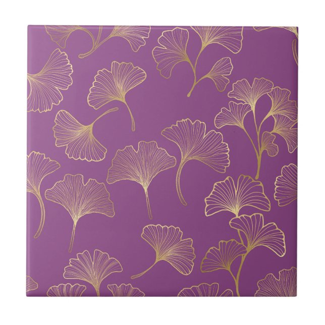 Luxury Gold Ginkgo Leaves on Deep Purple Tile (Front)