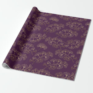 Luxury Gold Ginkgo Leaves on Deep Purple Wrapping Paper