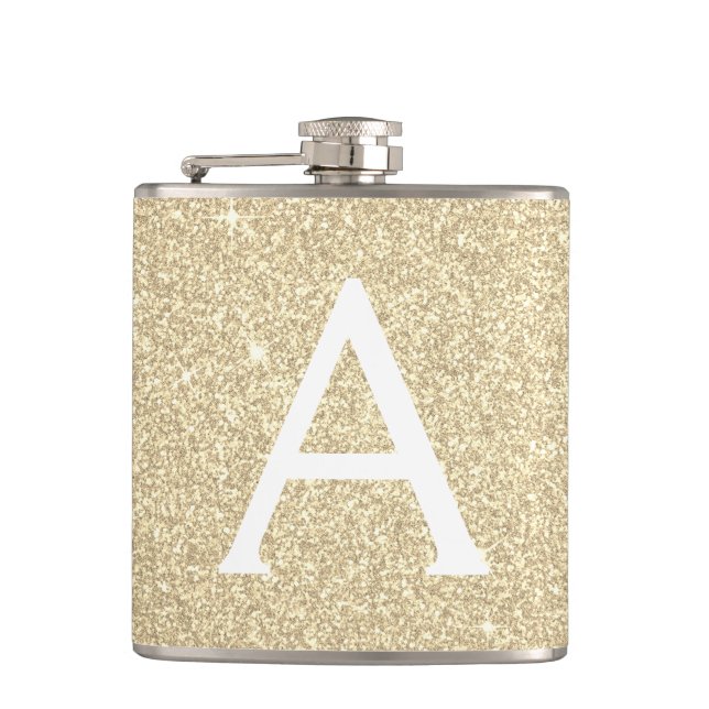 Luxury Gold Glitter and Sparkle Monogram Hip Flask (Front)