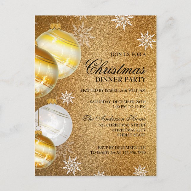 Luxury Gold Glitter Baubles Christmas Dinner Party Postcard (Front)