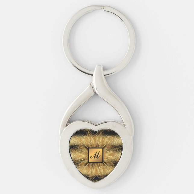 Luxury Gold Glitter Black Monogrammed Gift Key Ring (Front)