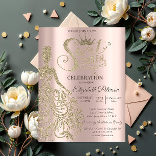 Luxury Gold Glitter Dress Rose Gold Sweet 16 Invitation