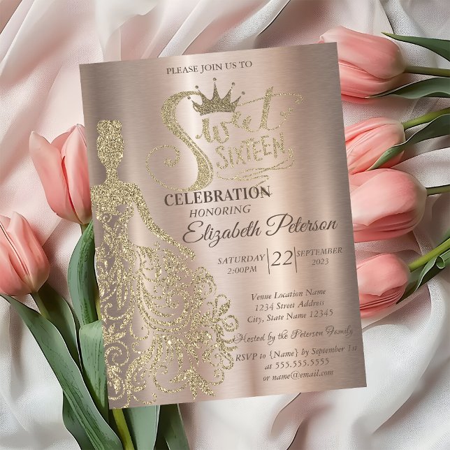 Luxury Gold Glitter Dress,Tiara,Diamonds Sweet 16  Invitation (Creator Uploaded)