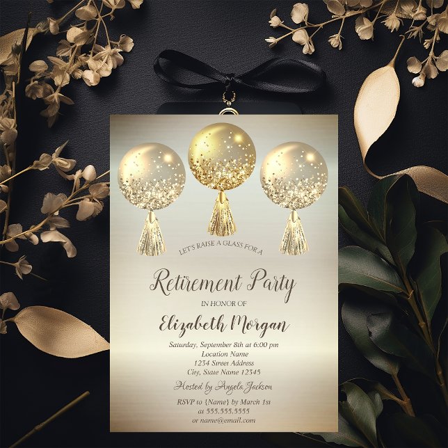Luxury Gold Glitter Drips Balloons Retirement   Invitation (Creator Uploaded)
