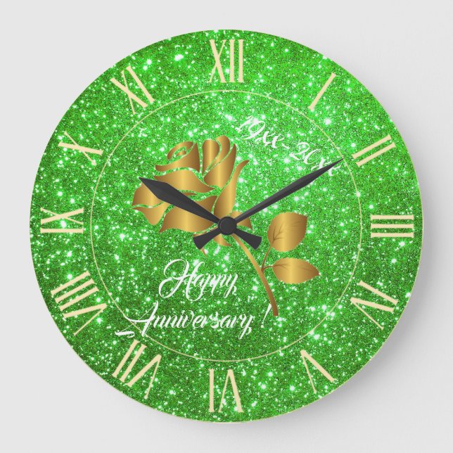 Luxury Gold Glitter Green Floral Gift Large Clock (Front)