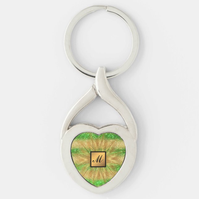 Luxury Gold Glitter Green Monogrammed Gift Key Ring (Front)