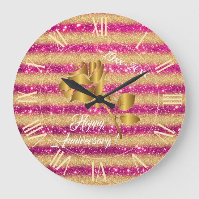 Luxury Gold Glitter Pink Floral Gift Large Clock (Front)