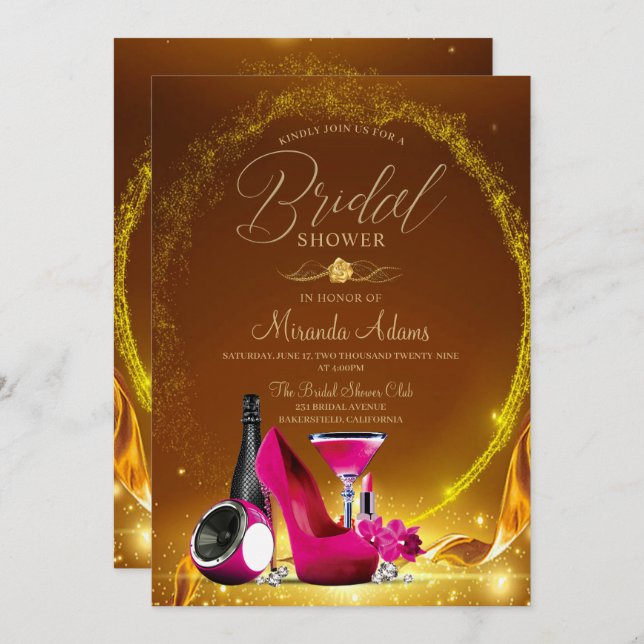 Luxury Gold Glitter Pink High Heels Bridal Shower Invitation (Front/Back)