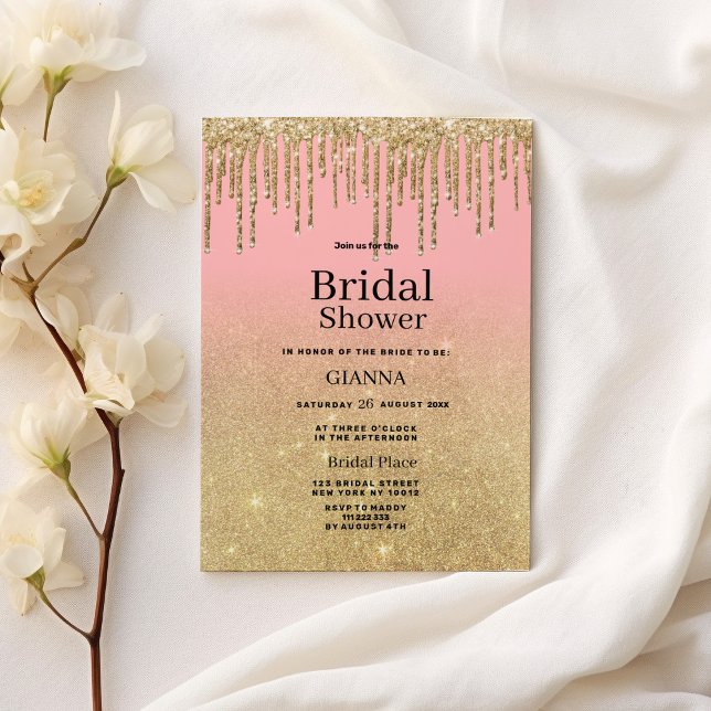 Luxury gold glitter pink ombre drips Bridal Shower Invitation (Luxury gold glitter pink ombre drips Bridal Shower)