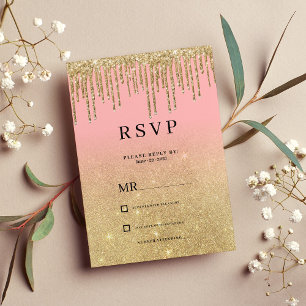 Luxury gold glitter pink ombre drips RSVP  Invitation