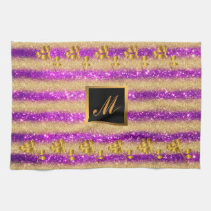 Luxury Gold Glitter Purple Floral Gift Tea Towel