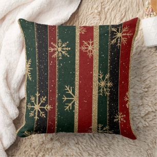 Luxury Gold Glitter Red Green Christmas Stripes Cushion