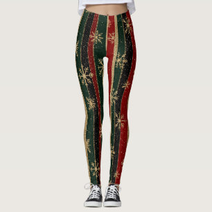 Luxury Gold Glitter Red Green Christmas Stripes Leggings