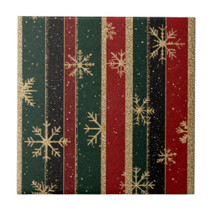 Luxury Gold Glitter Red Green Christmas Stripes Tile