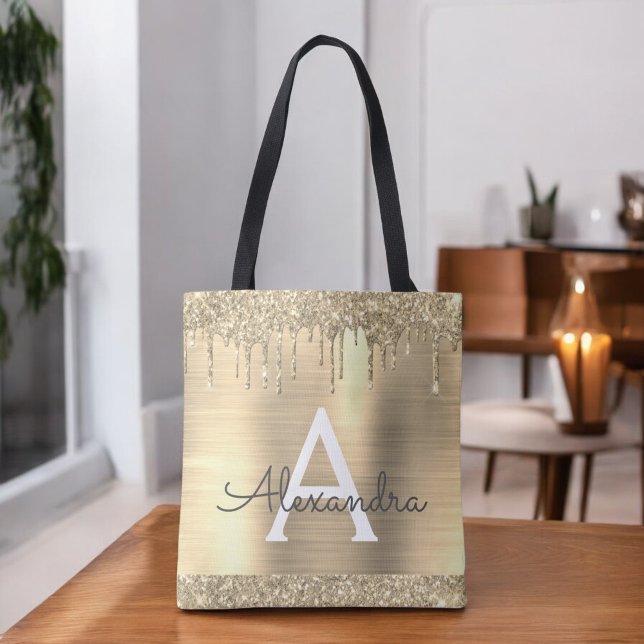 Luxury Gold Glitter Sparkle Elegant Monogram Tote Bag (Creator Uploaded)
