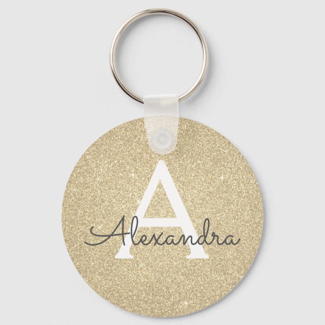 Luxury Gold Glitter & Sparkle Monogram Key Ring (Front)