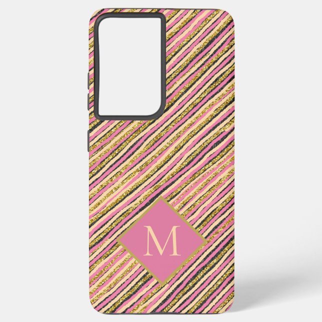 Luxury Gold Glitter Sparkle Stripes Pink Monogram Samsung Galaxy S21+ Case (Back)