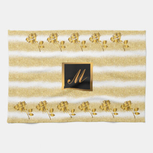 Luxury Gold Glitter White Floral Gift Tea Towel