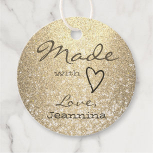 Luxury Gold Golden Glitter Made with Love Heart Favour Tags