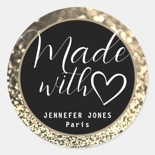 Luxury Gold Golden Ombre Glitter Made with Love Classic Round Sticker (Front)