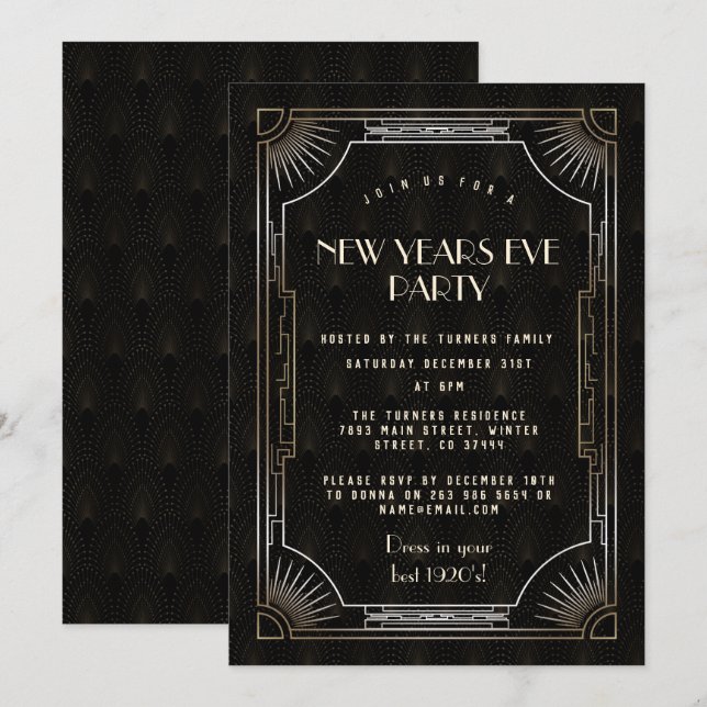 Luxury Gold Great Gatsby 20s New Year's Eve Party Invitation (Front/Back)