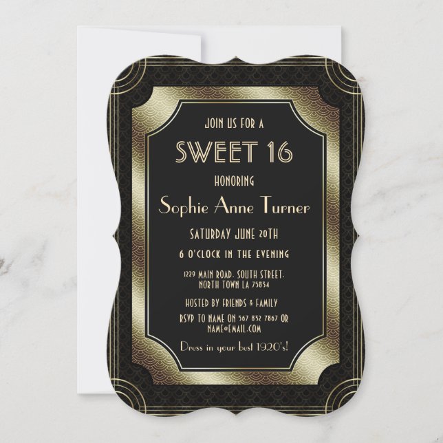 Luxury Gold Great Gatsby Art Deco 1920s SWEET 16 Invitation (Front)