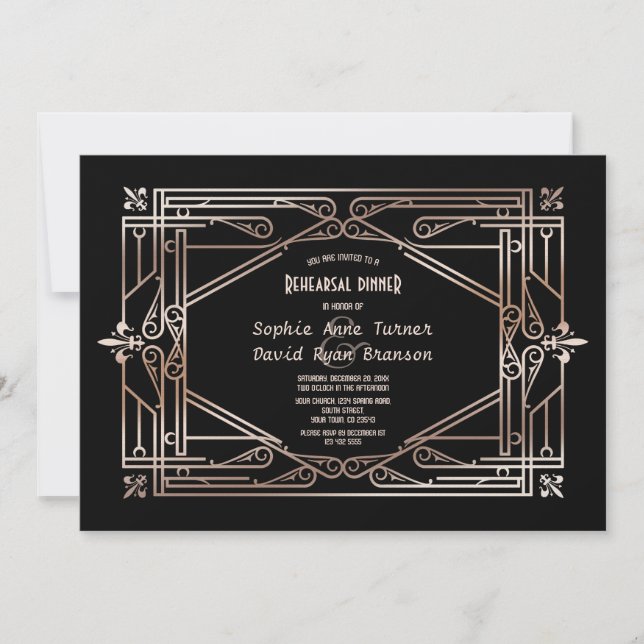 Luxury Gold Great Gatsby Art Deco Rehearsal Dinner Invitation (Front)