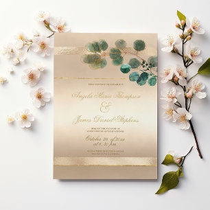 Luxury gold green eucalyptus leaves wedding  invitation