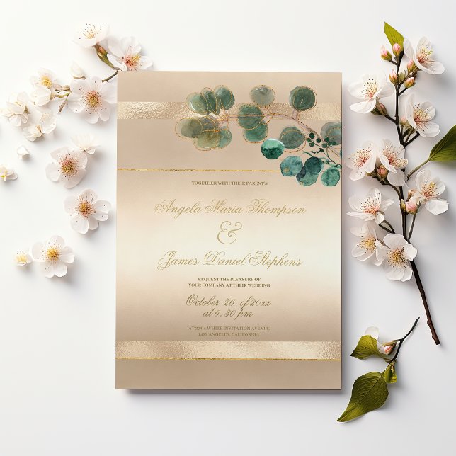 Luxury gold green eucalyptus leaves wedding  invitation (Luxury gold green eucalyptus leaves wedding)