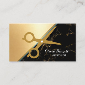 Luxury Gold Hairstylist Scissors Marble Business Card