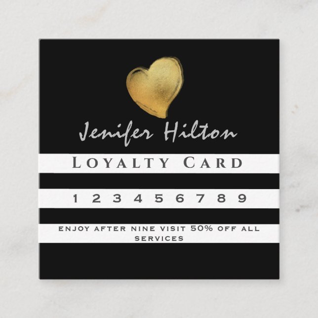 Luxury gold heart black white stripes loyalty card (Front)