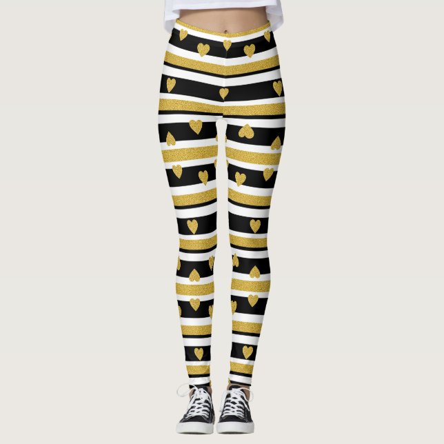 Luxury Gold Hearts Stripe Pattern Leggings (Front)