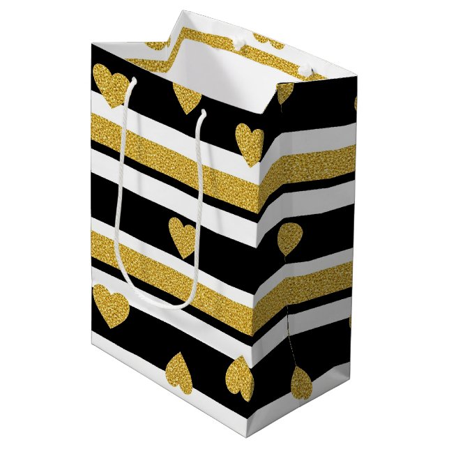 Luxury Gold Hearts Stripe Pattern Medium Gift Bag (Front Angled)