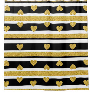 Luxury Gold Hearts Stripe Pattern Shower Curtain