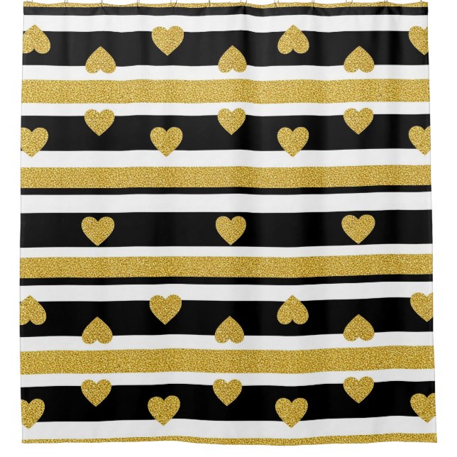 Luxury Gold Hearts Stripe Pattern Shower Curtain (Front)