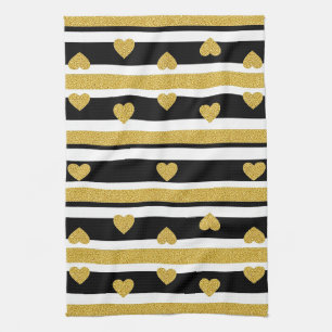 Luxury Gold Hearts Stripe Pattern Tea Towel