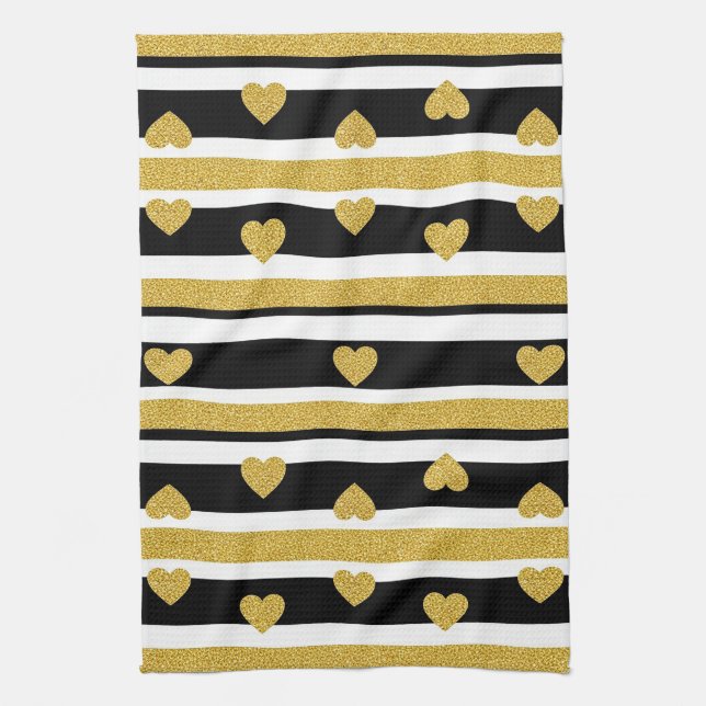 Luxury Gold Hearts Stripe Pattern Tea Towel (Vertical)