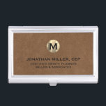 Luxury Gold Initial Logo Brown Leather Business Card Holder<br><div class="desc">Simple modern luxury design with brushed metallic gold initial logo medallion with personalised name,  title,  company name or custom text below in classic block typography on a brown leather textured background. Personalise for your custom use.</div>